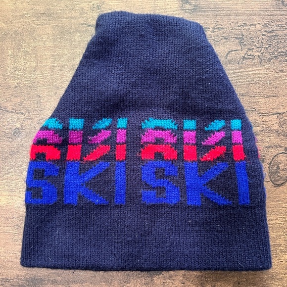 Vintage 1970s 1980s Acrylic Knit Ski Beanie – Neon Block “SKI” Pattern - Picture 1 of 3